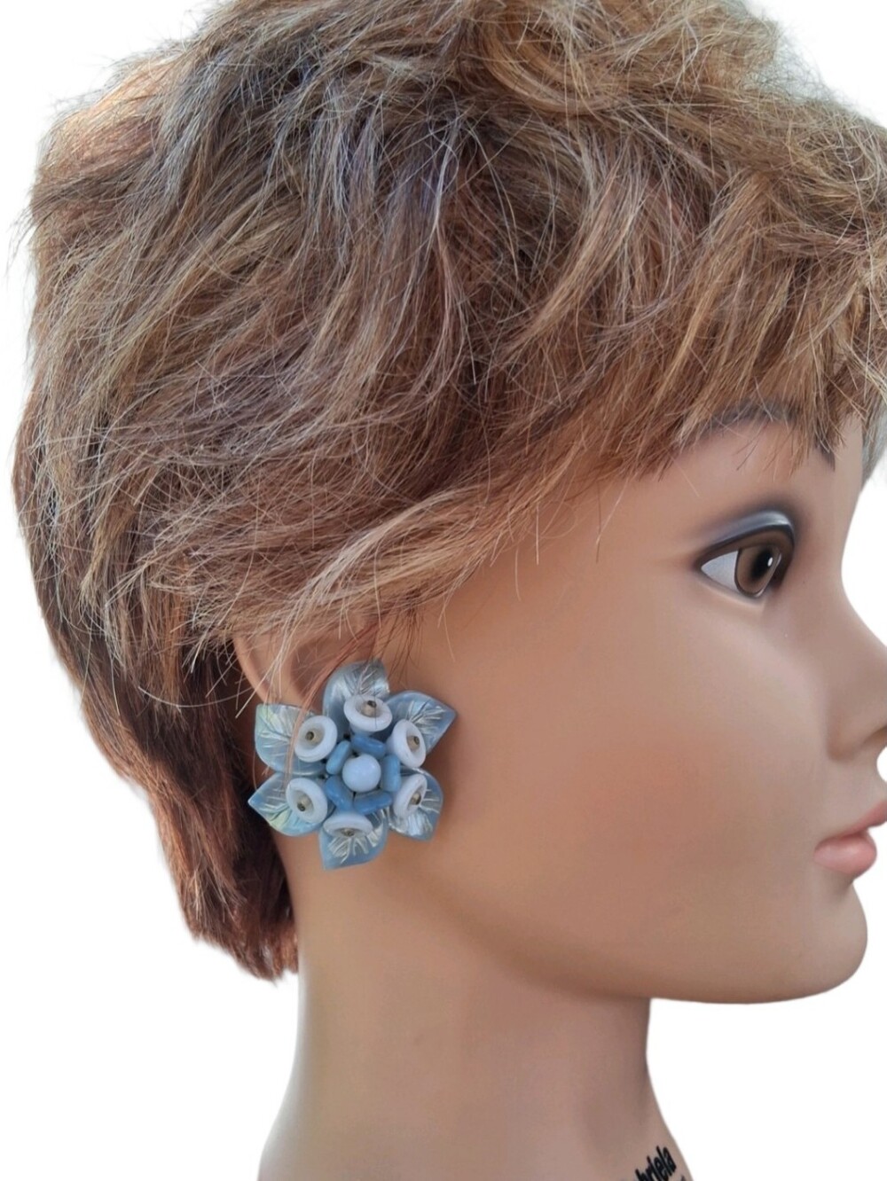 Vintage Blue Glass & Lucite Flower Cluster Earrings - Clip On Statement